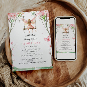 Convites Aniversário de 1 ano de Fadas com Aquarela Floral