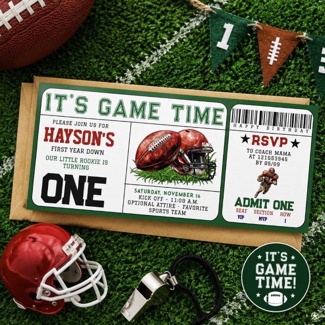 Convites Aniversário de 1 ano de futebol Ingresso Primeiro  (football First Year Down Ticket 1st Birthday Invitation)