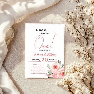 Convites Aniversário de 1 ano de Menina Bebê Rosa Aquarela 