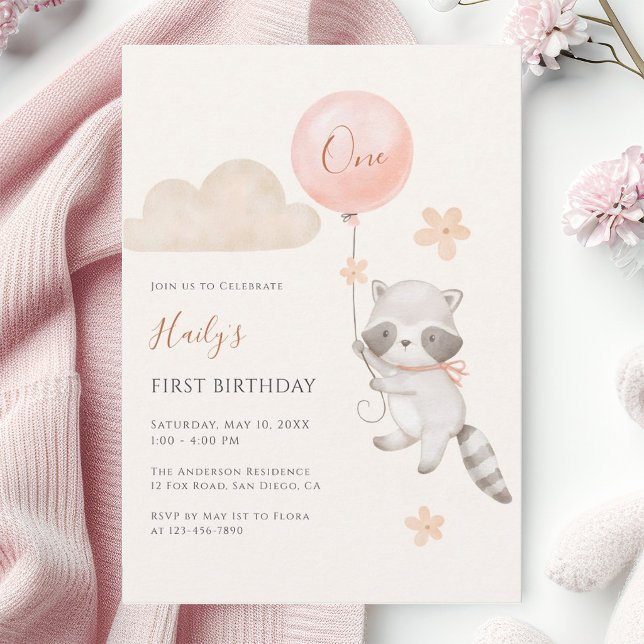 Convites Aniversário de 1 ano de menina com guaxinim fofo e (Criador carregado)