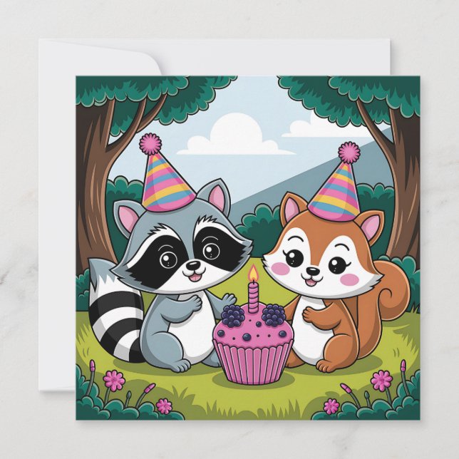 Convites Aniversário de 1 ano de menina com tema de animais (Frente)