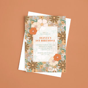 Convites Aniversário de 1 ano de Meninas Floral Retro