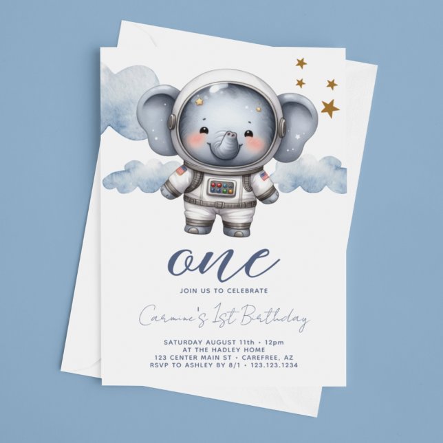 Convites Aniversário de 1 ano do Astronauta Elefante Bebê (Criador carregado)