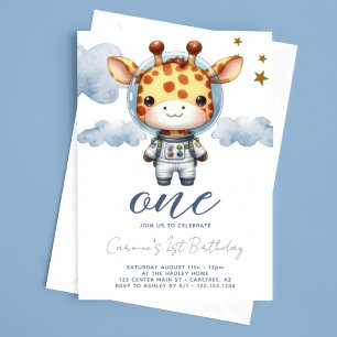 Convites Aniversário de 1 ano do Astronauta Girafa Bebê