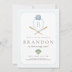 Convites Aniversário de 1 ano do Blue Baseball Preppy Crest