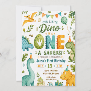 Convites Aniversário de 1 ano do Dinossauro em Aquarela