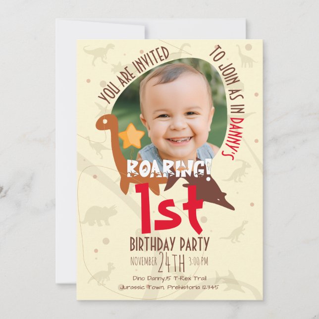 Convites Aniversário de 1 ano do Dinossauro Personalizado (Frente)