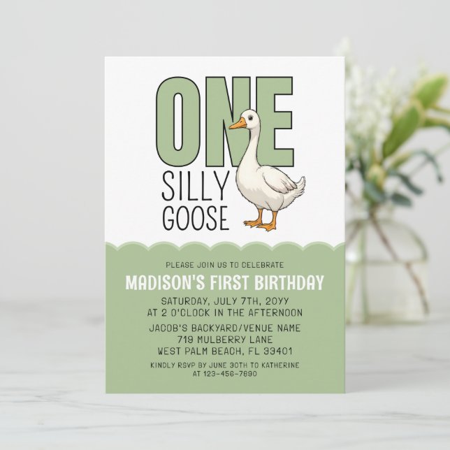 Convites Aniversário de 1 Ano do Ganso Bobo Verde Moderno  (Em pé/Frente)