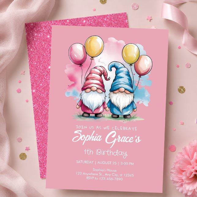 Convites Aniversário de 1 ano do Gnomo Rosa Fofo (Criador carregado)
