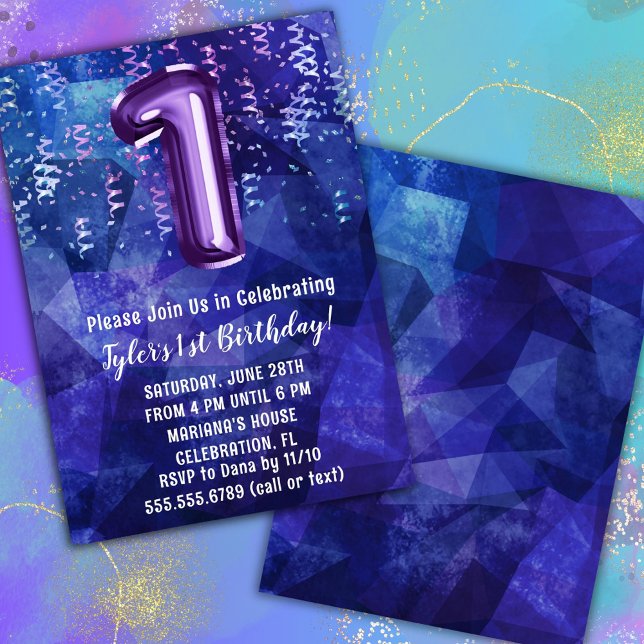 Convites Aniversário de 1 ano do Menino Azul Roxo (Criador carregado)