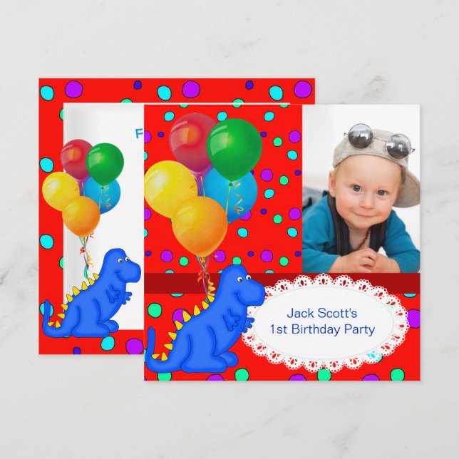Convites Aniversário de 1 ano do Menino Bebê Dinossauro (Frente/Verso)