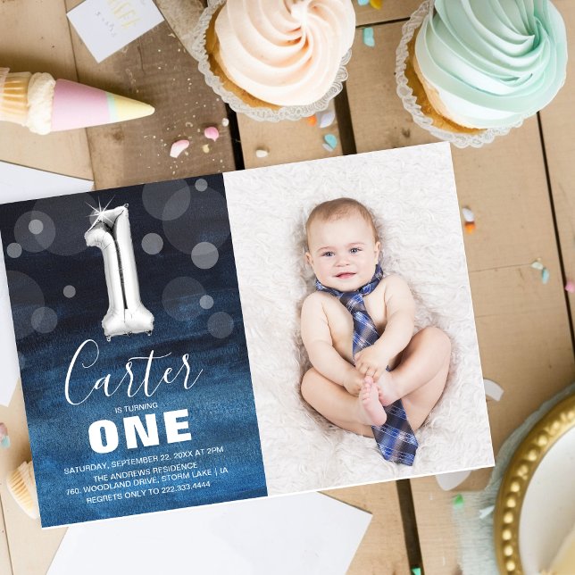 Convites Aniversário de 1 ano do Menino Fofo Foto Moderna (Criador carregado)