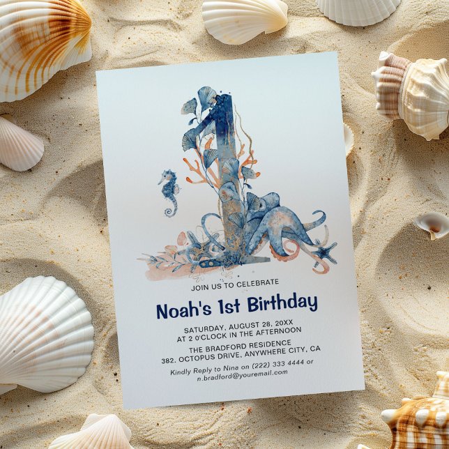 Convites Aniversário de 1 ano do Menino Submarino em Aquare (Criador carregado)