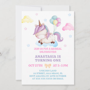 Convites Aniversário de 1 ano do Unicórnio em Cores Pastel