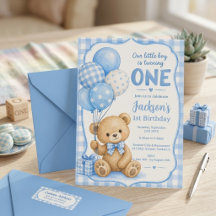 Aniversário de 1 ano do Ursinho Xadrez Azul Aquare