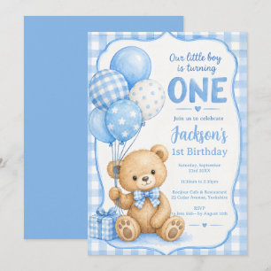 Convites Aniversário de 1 ano do Ursinho Xadrez Azul Aquare