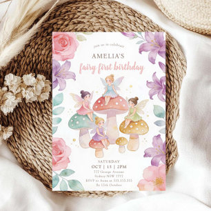Convites Aniversário de 1 Ano Fada Floral Pastel Cogumelo