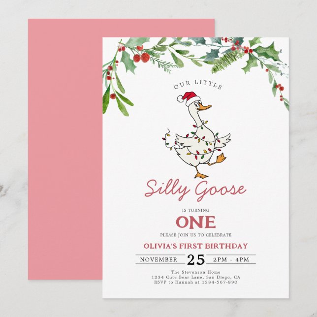 Convites Aniversário de 1 ano Funny Christmas Silly Goose B (Frente/Verso)