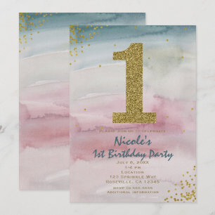 Convites Aniversário de 1 ano Glamour Moderno Aquarela Conf