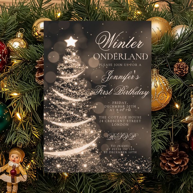Convites Aniversário de 1 ano Gold Christmas Winter Onederl (Gold Christmas Winter Onederland 1st Birthday Invitation)