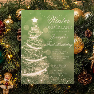 Convites Aniversário de 1 ano Gold Green Holiday Winter One