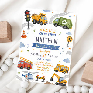 Convites Aniversário de 1 ano Honk Beep Choo Choo Caminhões