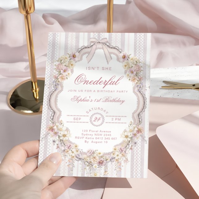 Convites Aniversário de 1 ano Menina Bebê Laço Floral Paste (Criador carregado)