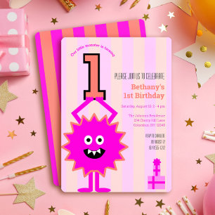 Convites Aniversário de 1 ano Menina Monstro Rosa Vibrante 