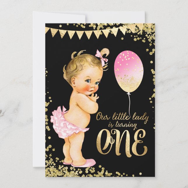 Convites Aniversário de 1 ano Meninas Dourado Brilhante (Frente)