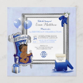 Convites Aniversário de 1 ano Menino Étnico Azul Real Prata