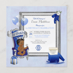 Convites Aniversário de 1 ano Menino Étnico Azul Real Prata
