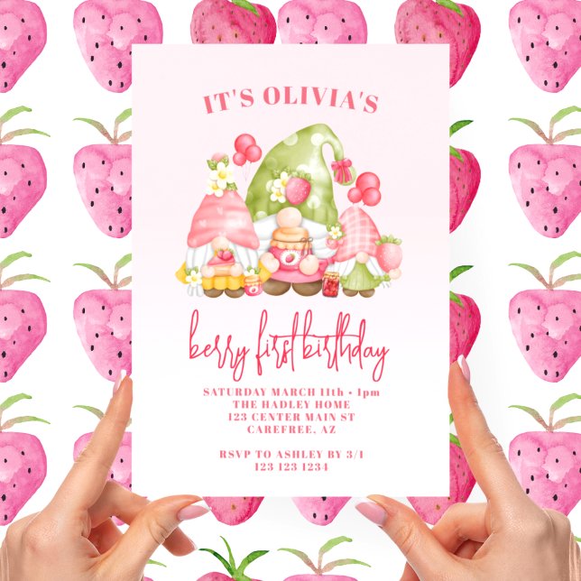 Convites Aniversário de 1 ano Morango Berry Primeiro (Criador carregado)