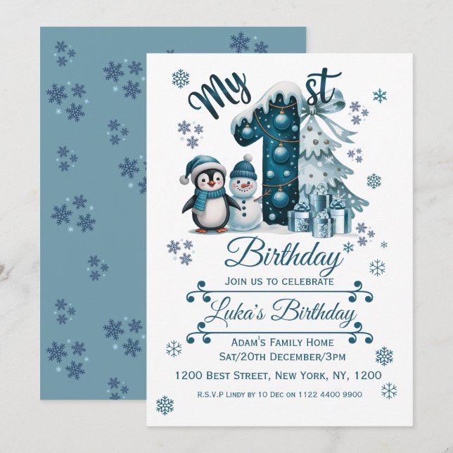 Convites Aniversário de 1 ano Natal Azul (Frente/Verso)