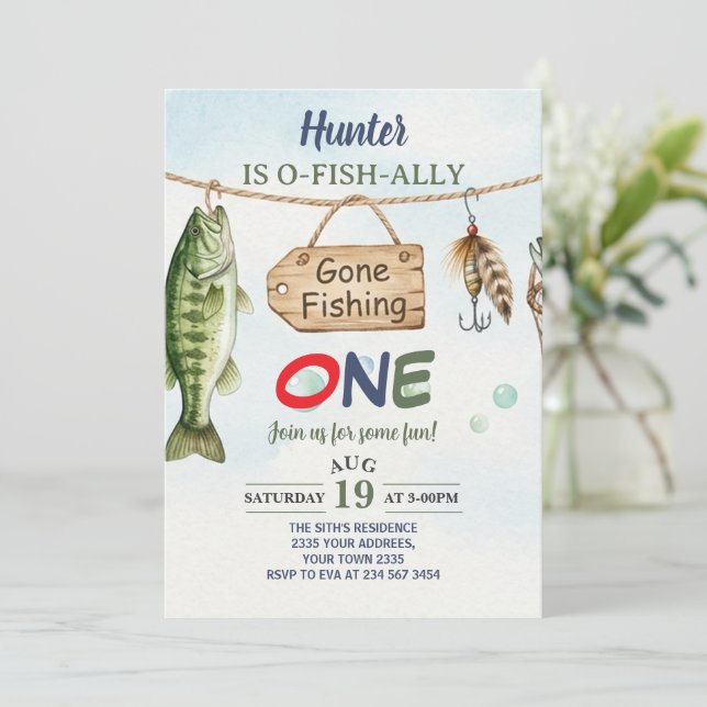Convites Aniversário de 1 ano O-Fish-Ally Um de Pesca (Em pé/Frente)