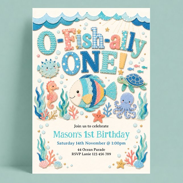 Convites Aniversário de 1 ano O-Fish-Ally Um Peixe de Ocean (Criador carregado)