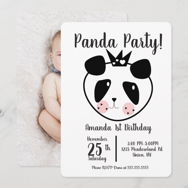 Convites Aniversário de 1 ano Panda Fofo Moderno (Frente/Verso)