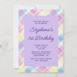 Convites Aniversário de 1 ano Pastel Rainbow Linen Xadrez