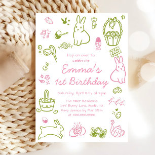 Convites Aniversário de 1 ano Pink and Green Easter