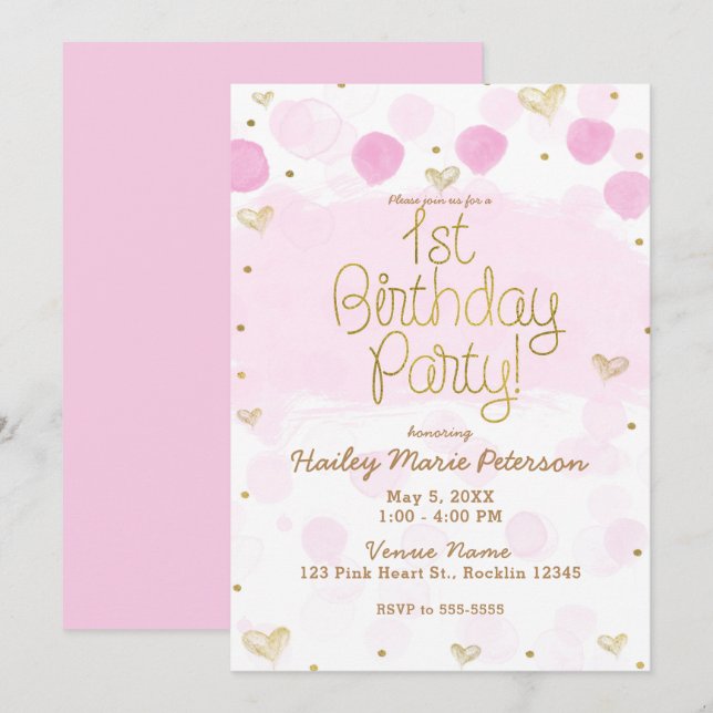 Convites Aniversário de 1 ano Pink Gold White Bolinhas & Co (Frente/Verso)