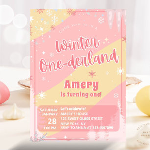 Convites Aniversário de 1 ano Pink Winter Onederland Brilho