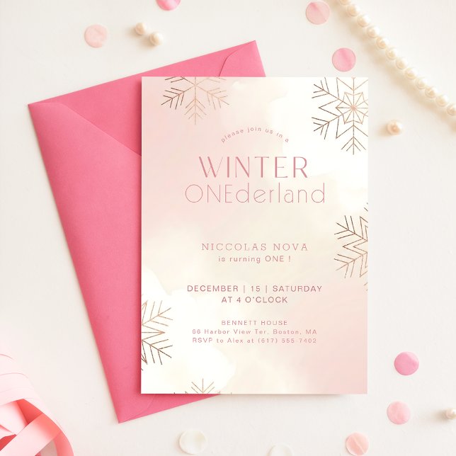 Convites Aniversário de 1 ano Pink Winter Onederland Floco  (Criador carregado)