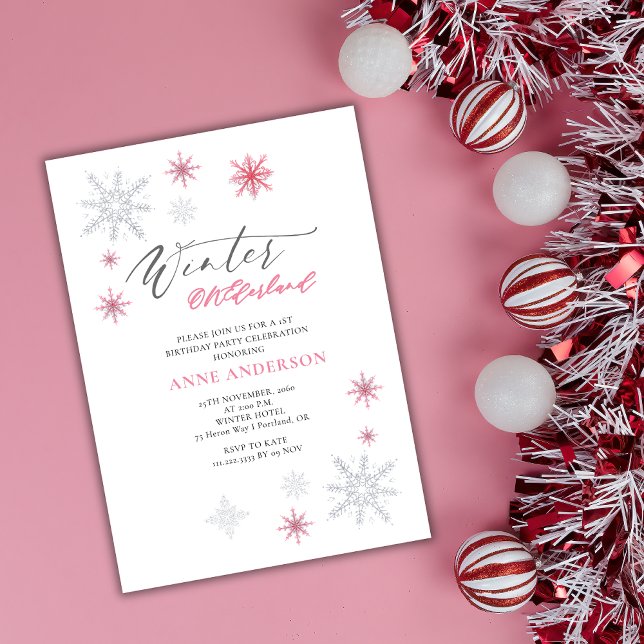 Convites Aniversário de 1 ano Pink Winter Onederland Flocos (Criador carregado)