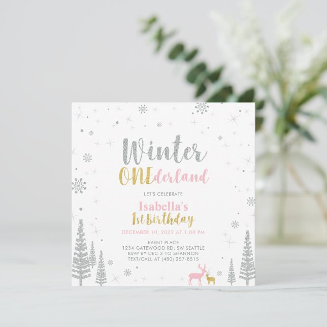 Convites Aniversário de 1 ano Silver & Gold Winter Onederla (Em pé/Frente)