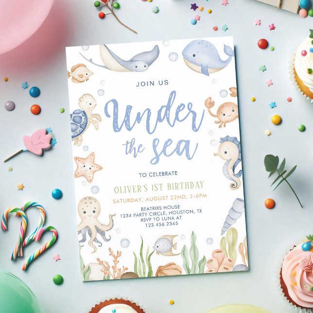 Convites Aniversário de 1 ano Sob o Mar Animais Oceânicos (Criador carregado)