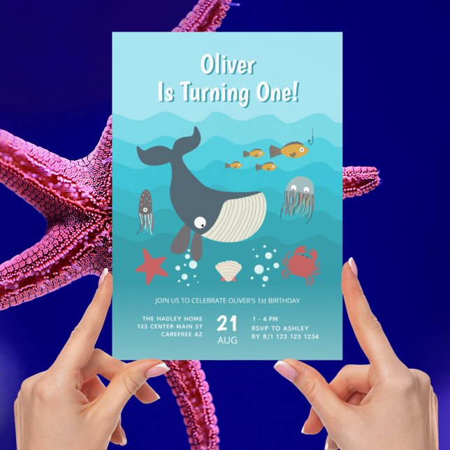 Convites Aniversário de 1 ano Sob o Mar Animais Oceânicos (Criador carregado)