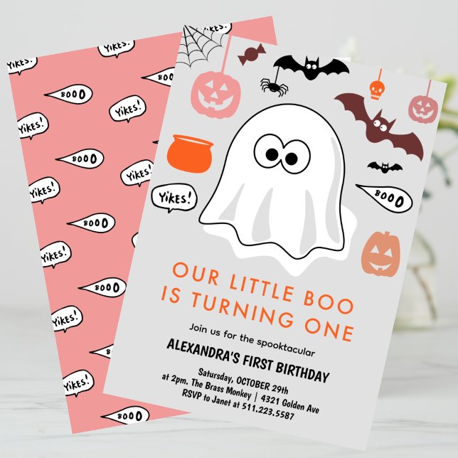 Convites Aniversário de 1 ano Spooktacular Fofinho de Fanta (Halloween-1st-birthday-Invitation-Spooktacular-Cute-Ghost-pink-1)