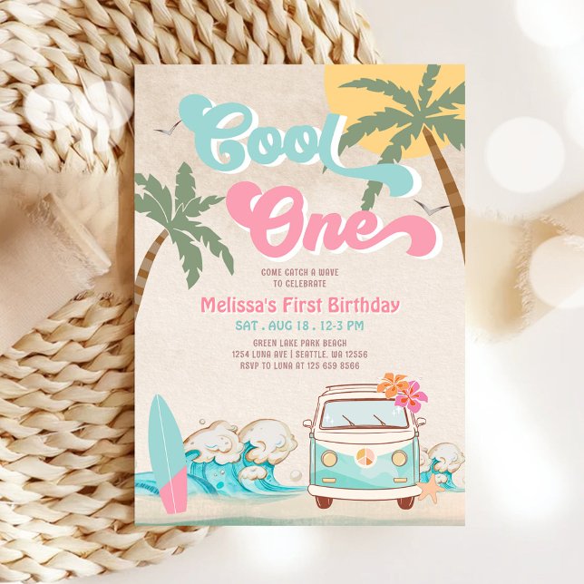 Convites Aniversário de 1 ano Surfando ONE Rosa Mint Cool (Criador carregado)