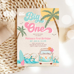 Convites Aniversário de 1 ano surfe The Big One Rosa-Mint