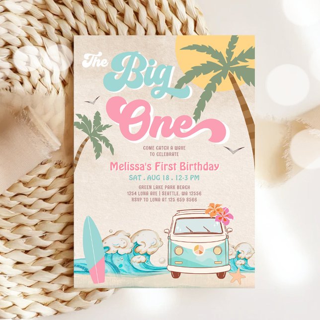 Convites Aniversário de 1 ano surfe The Big One Rosa-Mint (Criador carregado)