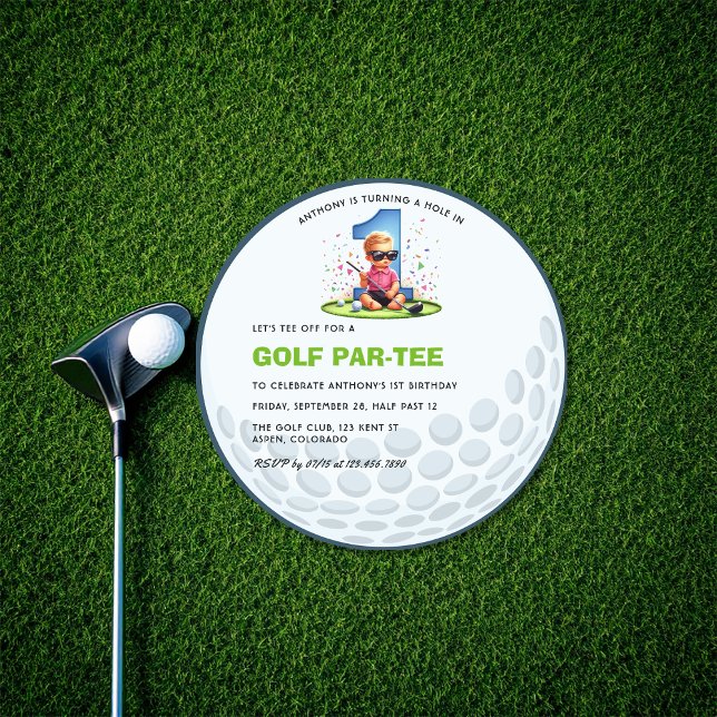 Convites Aniversário de 1 ano "Taco na Caixa" com Bola de G (Round Golf Ball "Hole in One" 1st Birthday Invitation)